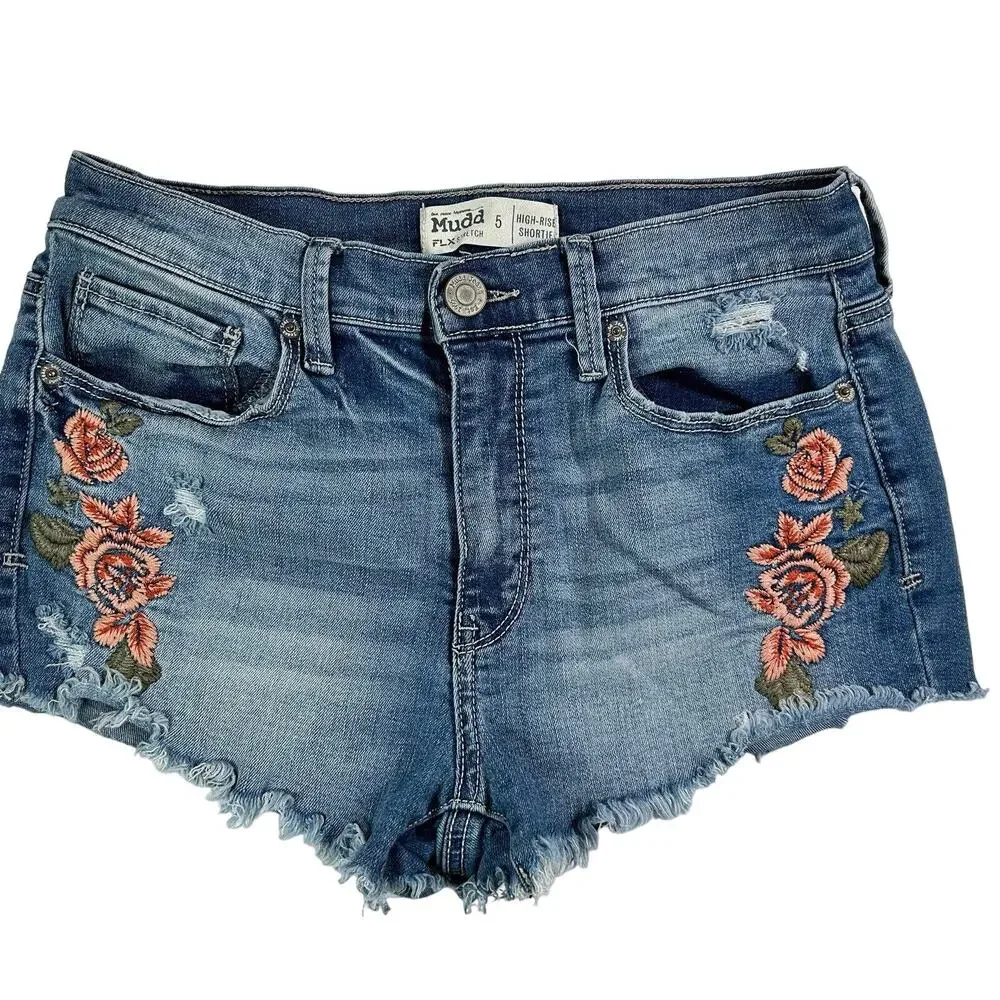 Mudd Jean Shorts 5 High Rise Shortie Floral Embroidered Frayed Raw Hem Stretch - Picture 3 of 13